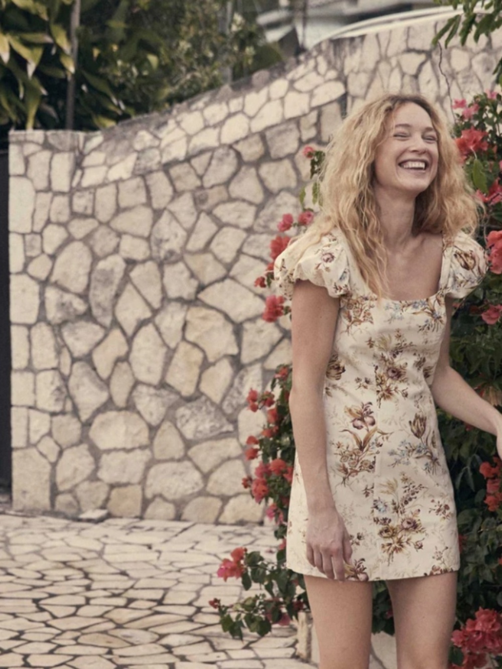 Doen Cream Floral Puff-Sleeve Mini Dress